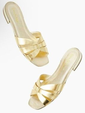 Lilly Pulitzer WHITLEY SLIDE Flat Sandals Gold Metallic Leather